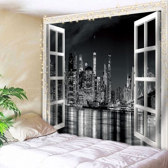 Black White NYC New York Cityscape Window View Metropolitan Bedroom Tapestry - Picture 2 of 4